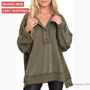Oversized Henley Pullover Sweatshirt Tunic Top Long Sleeve Button V Neck